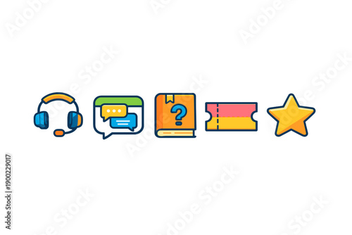 Icons represent various customer service functions for a business, focusing on support, communication, information, tickets, and feedback
