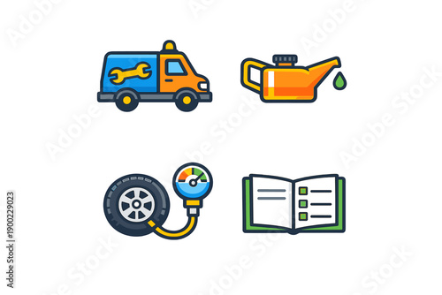 Vehicle maintenance tools and supplies for checking oil and tire pressure displayed in a simple graphic design