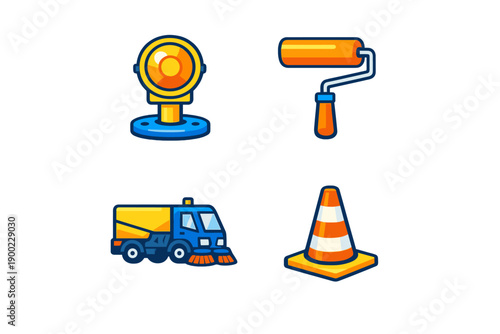 Construction tools and vehicles used for road work and maintenance tasks including a sweeper truck, paint roller, traffic cones, and a work light