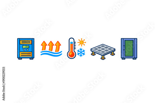 Different devices and symbols illustrate air conditioning, temperature control, and solar energy collection in a home setting during a sunny day