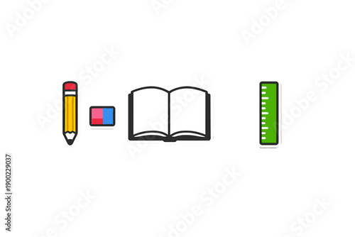 School supplies including pencil, eraser, book, and ruler on a plain background
