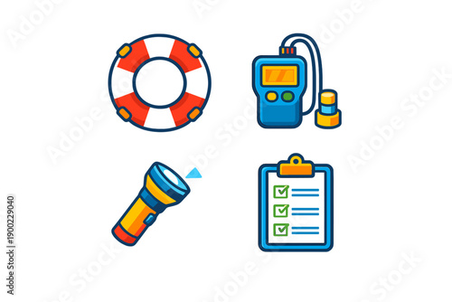 Safety equipment for outdoor activities, showing a life preserver, a measuring device, a flashlight, and a checklist on a white background