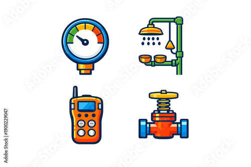 Tools for plumbing and pressure measurement used in maintenance tasks in residential or commercial settings are displayed clearly in colored icons