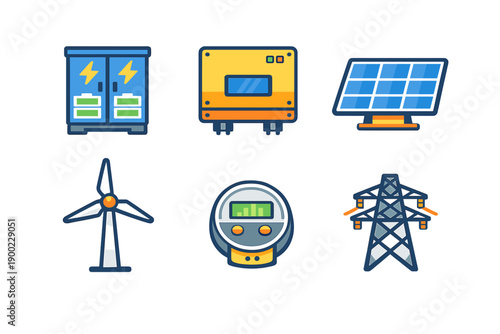 Different types of energy sources and equipment for power generation and distribution in modern society