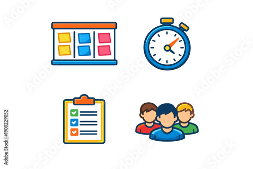 Colorful sticky notes, timer, checklist, and group of people show planning and organization for a project at a workspace