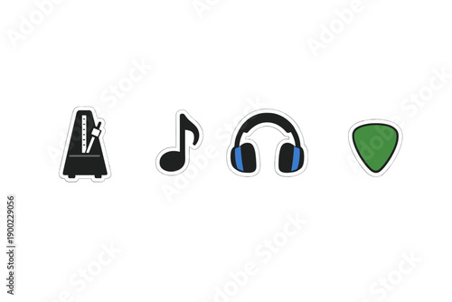 Music tools and symbols including a metronome, music note, headphones, and guitar pick displayed in a simple design