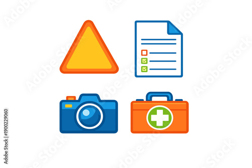 Symbols representing safety, documentation, photography, and health care appear in a simple graphic design showing different everyday concepts