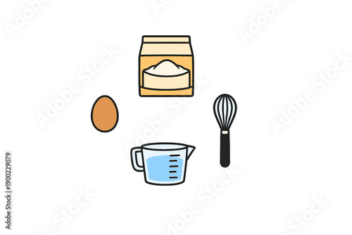 Mixing ingredients for baking with flour, an egg, a measuring cup, and a whisk on a simple background in a home kitchen setting