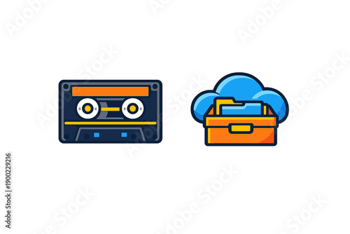 Retro cassette tape and cloud storage symbols showing the connection between physical and digital music formats in a modern setting