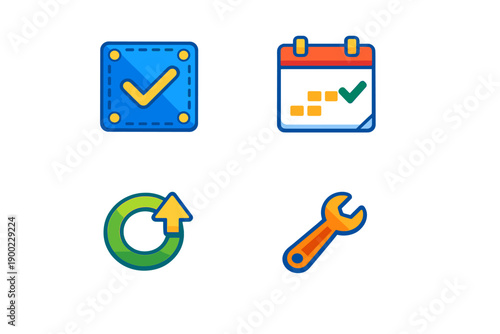Icons showing tasks being completed, events being scheduled, updates being made, and tools being used throughout a workday in a digital workspace