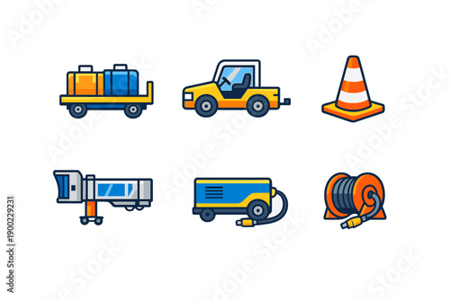 Different types of vehicles and equipment used at an airport for ground services and safety