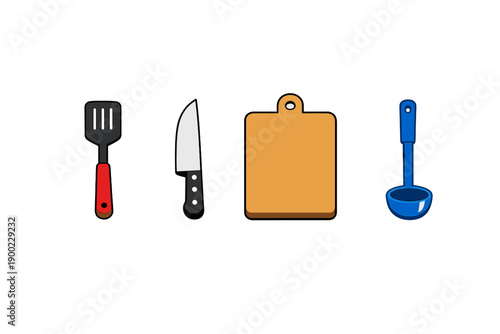 Kitchen tools are lined up showing a spatula, knife, chopping board, and ladle ready for cooking tasks in a home kitchen setting