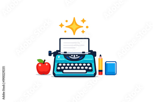 Vintage typewriter with red apple, pencil, and notebook on a clean surface during daytime