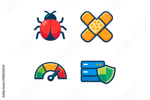 Focus on software issues with icons of bugs, patches, metrics, and security features in a technology design