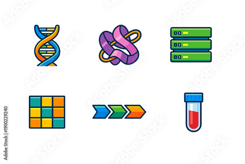 Icons representing different aspects of science and technology related to genetics, DNA, data storage, and laboratory work seen in a simple graphic layout