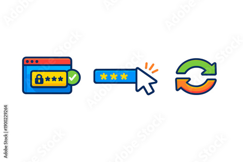 Icons showing password management, password input, and refresh symbol in a secure online environment during a digital activity