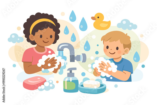 Children wash hands with soap and water at a sink in a bathroom while enjoying fun activities together
