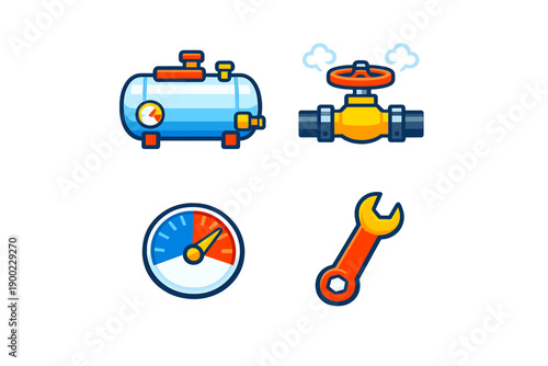 Various tools and equipment for plumbing work shown in a clean design on a white background