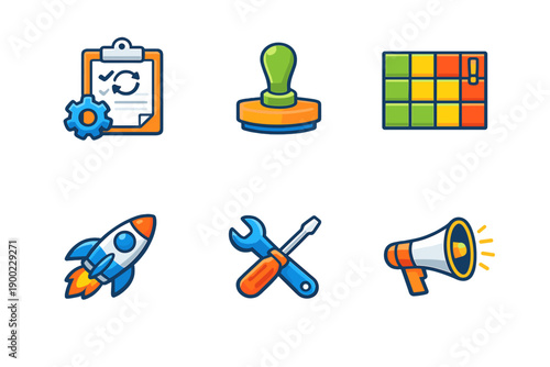 Icons show various tools for work, including a checklist, a stamp, a puzzle, a rocket, a wrench, and a megaphone