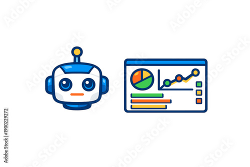 Cartoon robot with a friendly face next to a data dashboard displaying graphs and charts created for a tech-related presentation on AI