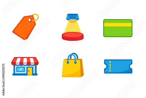 Colorful icons of shopping items and payment methods arranged in a grid showing shopping tags, a lamp, a card, a store, a shopping bag, and a ticket