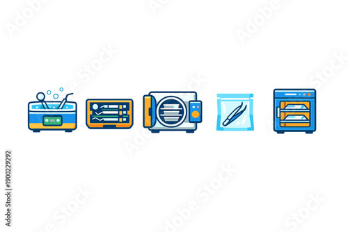 Different kitchen appliances displayed in a row showing their use in food preparation and cooking