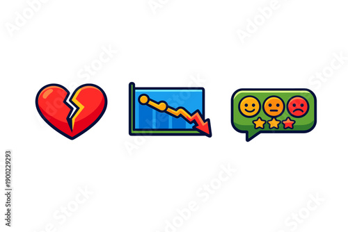 Broken heart symbol with a downward trend line chart and a feedback chat bubble showing different emojis in a creative design