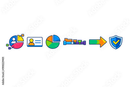 Illustration showing the steps in data management with icons representing analysis, identity, and security measures in a digital process