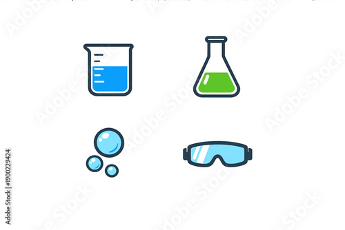 Laboratory tools used in science experiments with beakers, flasks, bubbles, and safety goggles in a clean, bright setting