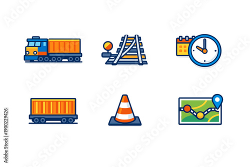 Train and rail icons show transport system with schedule and safety elements in a simple graphic layout