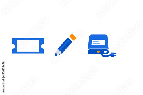 Ticket, pencil, and charger together on a white background showcasing different objects related to events and activities
