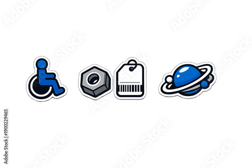 Multiple icons display symbols of accessibility, mechanical components, pricing tags, and celestial bodies in a simple layout