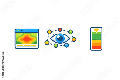 Exploring data visualization techniques with graphs, eye symbols, and battery indicators that show information processing over time