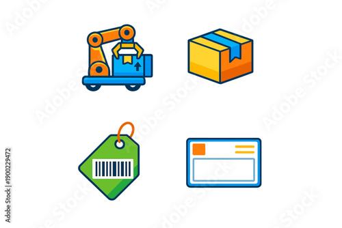Cartoon graphics showing box delivery, packing, labeling, and different types of shipping materials in a simple design