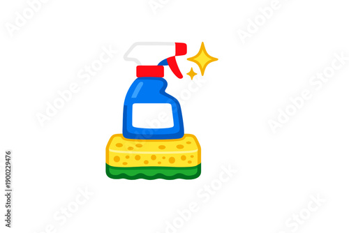 Cleaning supplies include a spray bottle and a sponge for household tasks in a bright setting during the day