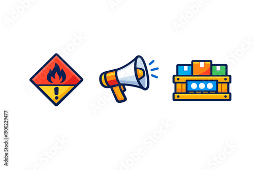 Warning symbols and alert systems in safety signage used for emergency notifications