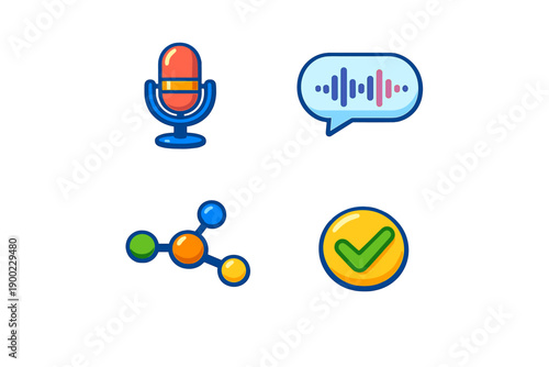 Icons showing voice recording, speech recognition, sound wave, and check mark in a simple layout with bright colors on a white background