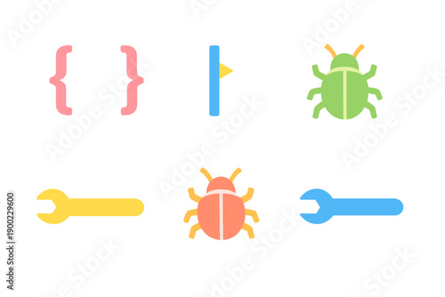 Colorful icons representing tools, bugs, and coding elements arranged in a row on a white background for design and tech use