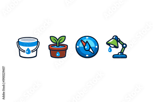 Icons of water management showing a bucket, plant, compass, and lamp used to represent various aspects of resource management and sustainability efforts in different settings