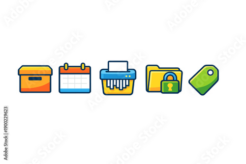 Icons represent various office tasks including storage, scheduling, shredding documents, managing files, and tagging