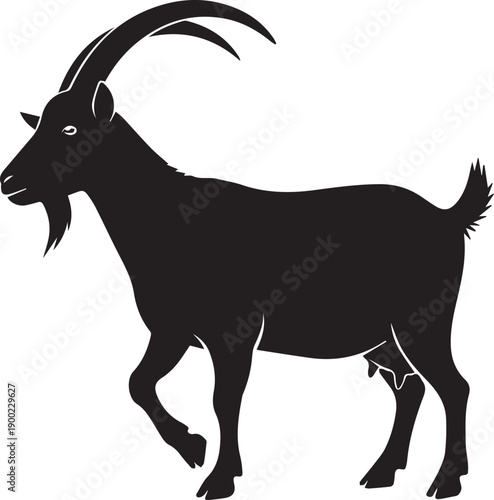 a black silhouette of a goat with curved horns