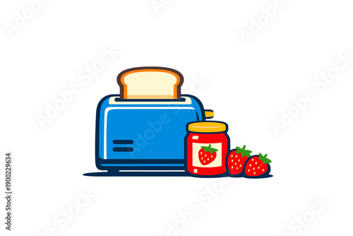 Toaster with slices of bread next to jar of strawberry jam and strawberries on kitchen counter in morning hours