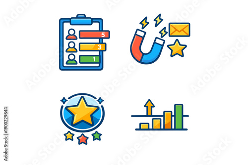 Icons representing four different concepts related to metrics, attraction, recognition, and growth in a simple design on a light background