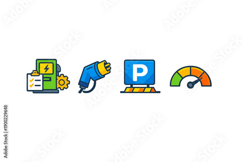 Icons showing electric vehicle charging options, parking spots, and battery status indicators in a simple and direct layout for easy understanding