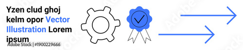 Workflow, progress tracking, achievement, efficiency, direction, certification. A gear, blue-certified badge and arrows processes and goals. Workflow and progress tracking theme