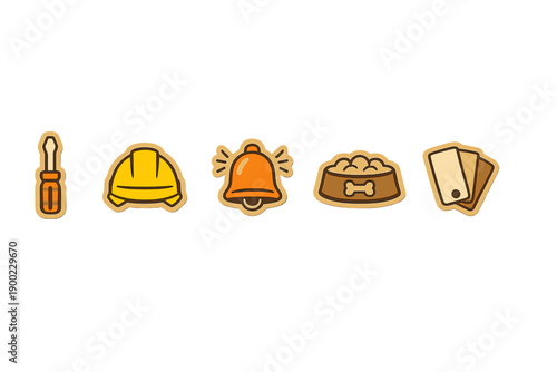 Tools and symbols of construction and care show a screwdriver, hard hat, bell, dog bowl, and playing cards on a clean background