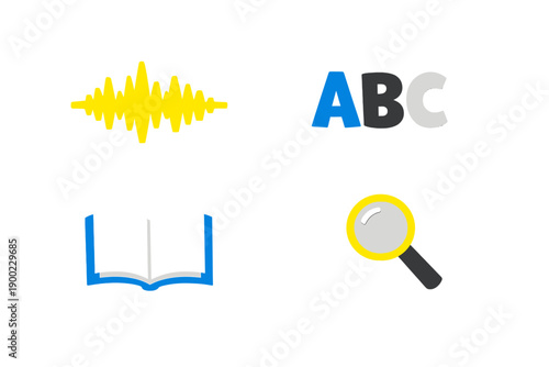 Learning tools display sound waves, letters, an open book, and a magnifying glass in a simple layout to show educational elements in learning