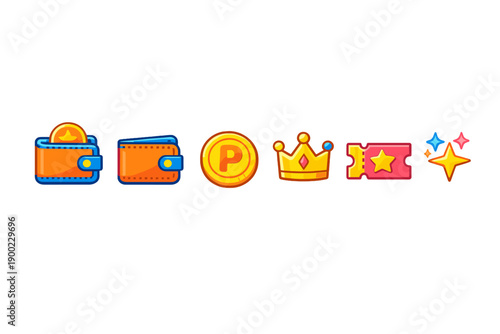 Different icons showing wallets, coins, crowns, and tickets in colorful designs found in a digital game environment