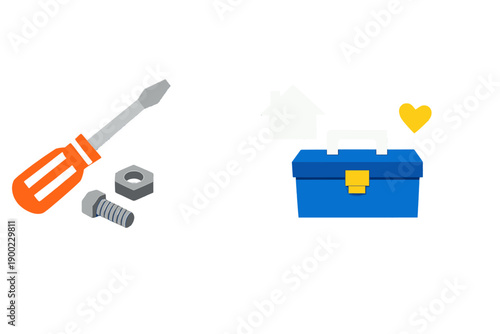 Tools and symbols for home repair and maintenance displayed on a simple white background showing a screwdriver, bolts, and a toolbox