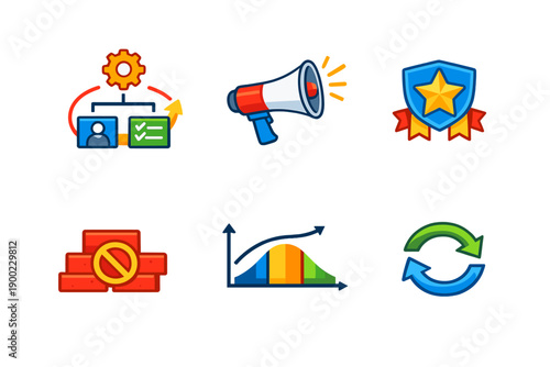 Icons representing concepts of business management, marketing, quality assurance, and data analysis in a colorful and modern style suitable for presentations